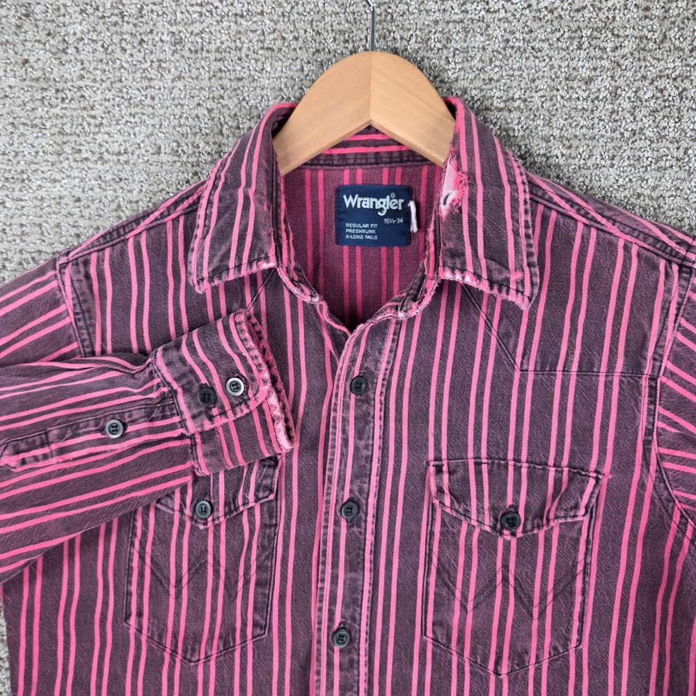 Vintage Wrangler Brushpopper Mens Western Shirt Pink Striped 15.5-34 Distressed